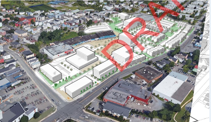 Aerial map with a rendering of an upgraded plaza design edited into the image.