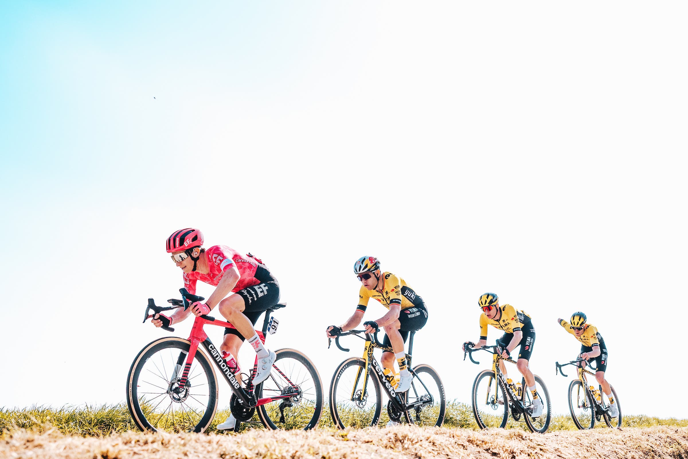 Neilson Powless took the 2025 Dwars door Vlaanderen against remarkable odds, beating three Jumbo-Visma riders including Wout Van Aert and Matteo Jorgenson (Photo: Gruber Images)