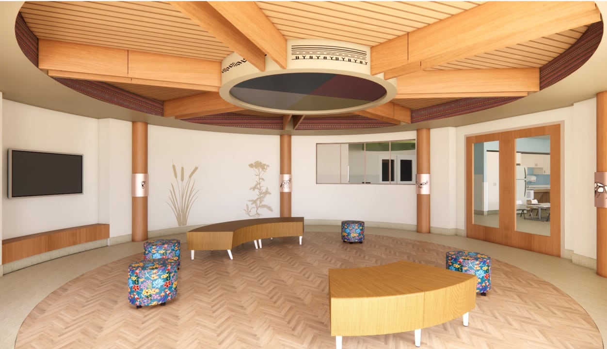 A rendering image of a wood panelled circular room