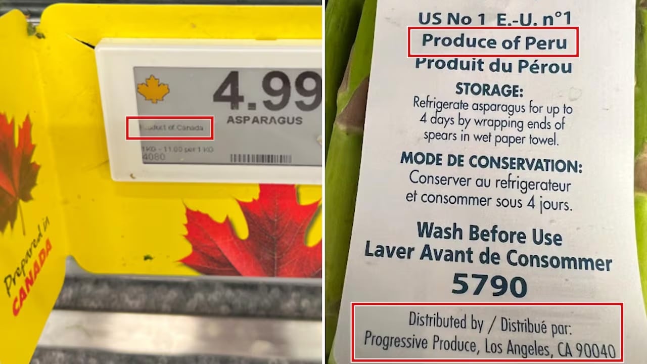  The signage next to the asparagus says it’s "Prepared in Canada" and a “Product of Canada,” but the product’s tag says the product was "distributed by” a U.S. company and “Produce of Peru.”