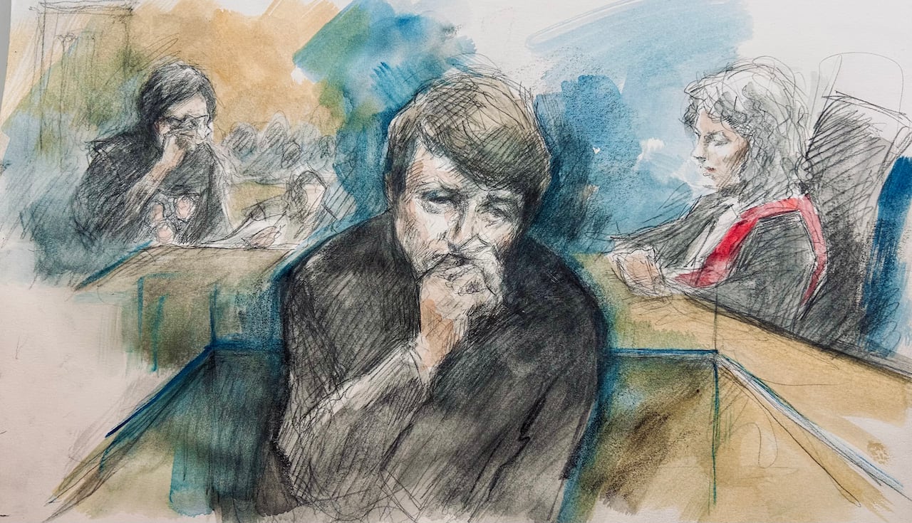 Ethan Lehoullier wipes eyes listening to victim impact statements   Justice Kim Crosbie  On zoom at 10 Armoury St.   February 26,2026  Sketch by Pam Davies