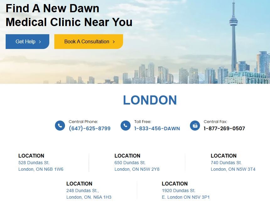 A page on New Dawn Medical's website shows five partner pharmacies in London, each located on Dundas Street.