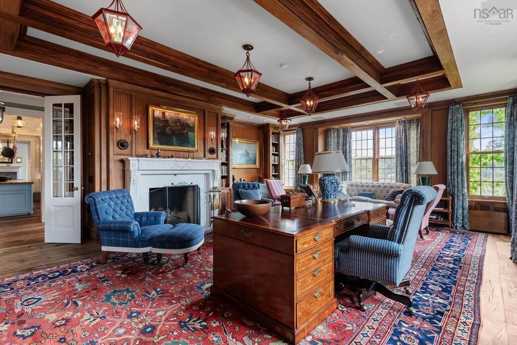 An office with wood trim is shown.