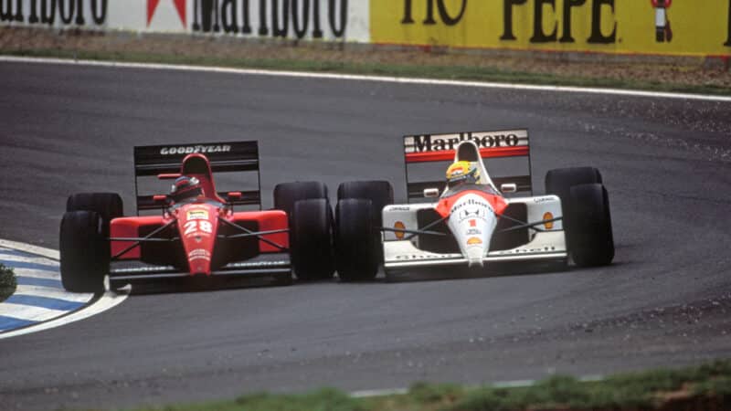 Jean Alesi (Ferrari) and Ayrton Senna (McLaren-Honda) in a close fight in the 1991 Spanish Grand Prix