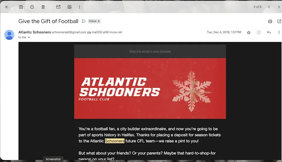 Rob MacCormick says this is one of the few emails he received from the Atlantic Schooners after paying a deposit for a pair of season tickets.