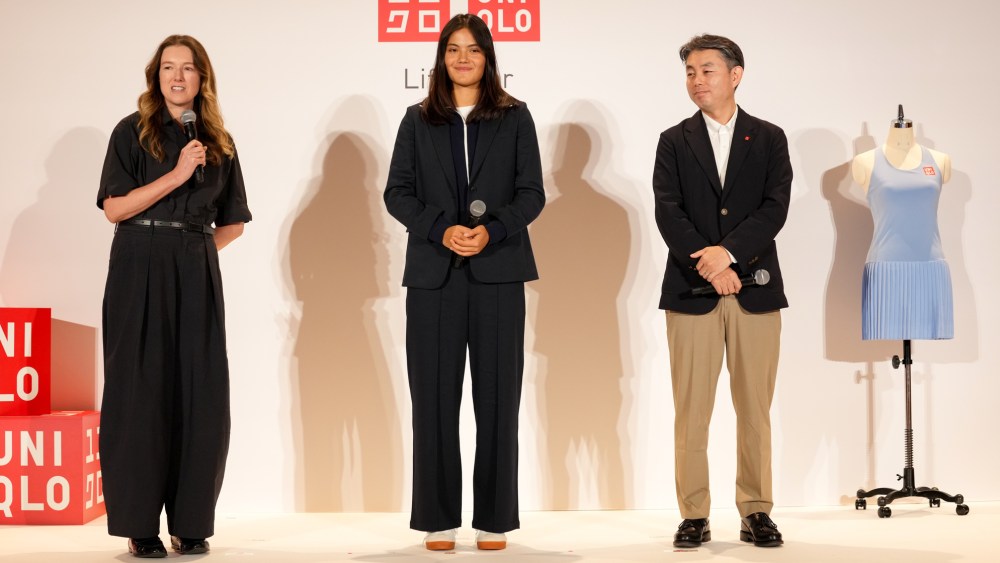 Claire Waight Keller, Emma Raducanu and Koji Yanai at a press conference announcing the tennis star as a Uniqlo brand ambassador.