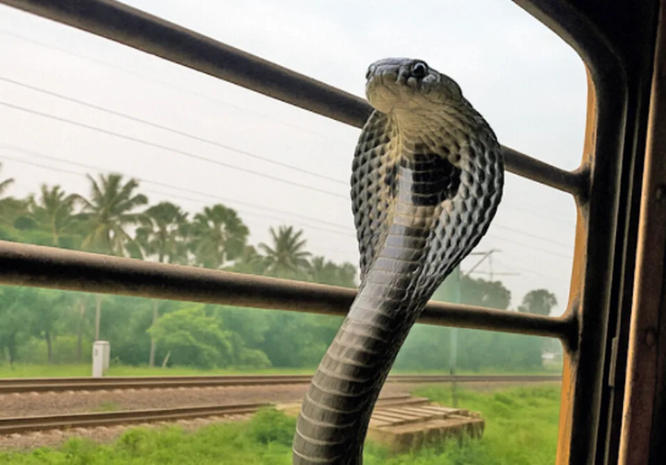 Cobra on a windowsill in the moving Lokshakti Express train near Valsad, Gujarat State (Biotropica (2026)/Sameer Lakhani via Phys.org)