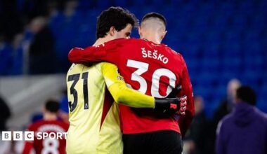 Manchester United match winner Benjamin Sesko and goalkeeper Senne Lammens after the 1-0 win at Everton