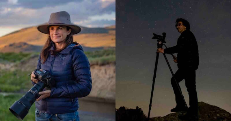 Split image: Left side shows a woman in a hat and puffy jacket holding a camera outdoors at sunset; right side shows a silhouette of a person using a camera on a tripod under a starry night sky.