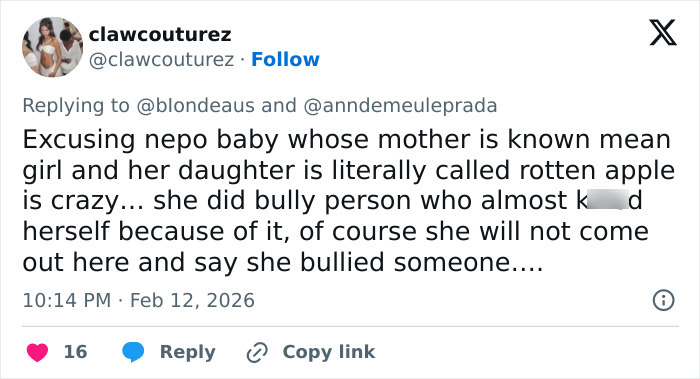 Tweet discussing nepo baby Apple Martin and controversies surrounding her cosmetic procedures and online bullying claims. Tweet discussing nepo baby Apple Martin and controversies surrounding her cosmetic procedures and online bullying claims.