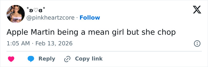 Tweet from user pinkheartzcore mentioning Apple Martin and cosmetic procedures discussion in a casual tone. Tweet from user pinkheartzcore mentioning Apple Martin and cosmetic procedures discussion in a casual tone.