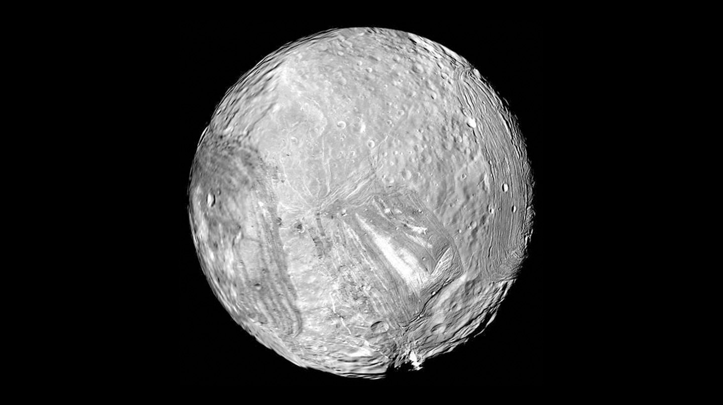 Miranda, as imaged by Voyager 2 on Jan. 24, 1986.