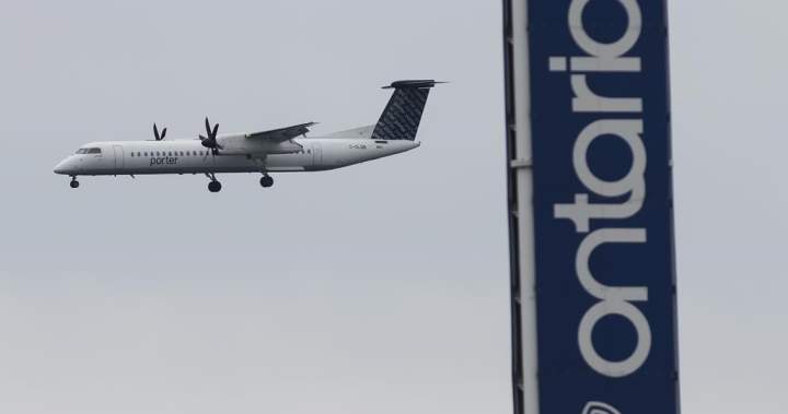 Porter flight from Edmonton loses traction, slides off taxiway at Hamilton airport