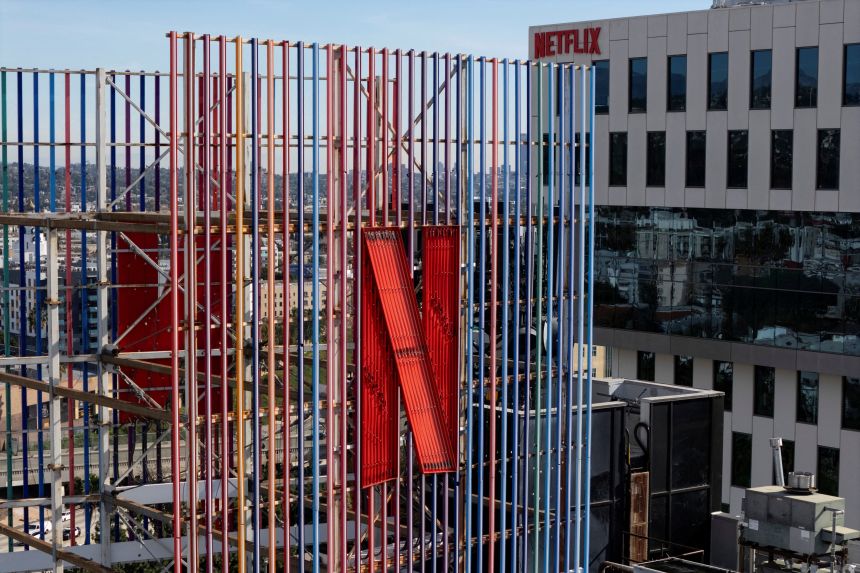 A drone view shows Netflix logos on buildings in the Hollywood neighborhood in Los Angeles, on January 20, 2026.