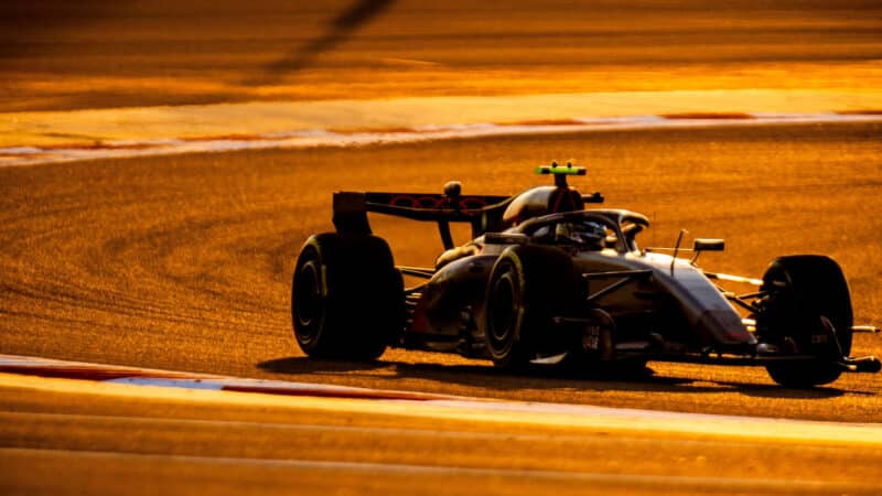 Gabriel Bortoleto (Audi) at sunset during second week of the 2026 pre-season test in Bahrain