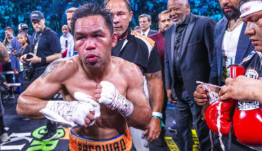 Manny Pacquiao shadow boxes as he awaits the decision against Mario Barrios during their WBC we ...