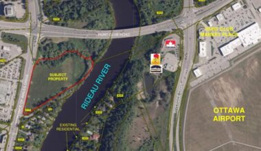 An aerial view of 2175 Prince of Wales Dr. with the Ottawa airport to the east. Image credit: GeoOttawa, Novatech