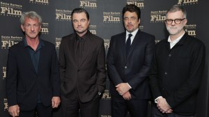 SANTA BARBARA, CALIFORNIA - FEBRUARY 09: (L-R) Sean Penn, Leonardo DiCaprio, Benicio del Toro and Paul Thomas Anderson attend the Hammond Cinema Vanguard Award ceremony during the 41st Santa Barbara International Film Festival at The Arlington Theatre on February 09, 2026 in Santa Barbara, California. (Photo by Rebecca Sapp/Getty Images for Santa Barbara International Film Festival)