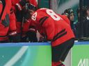Sidney Crosby of Team Canada returns to the bench in the second period during the Men's Quarterfinals against Czechia.