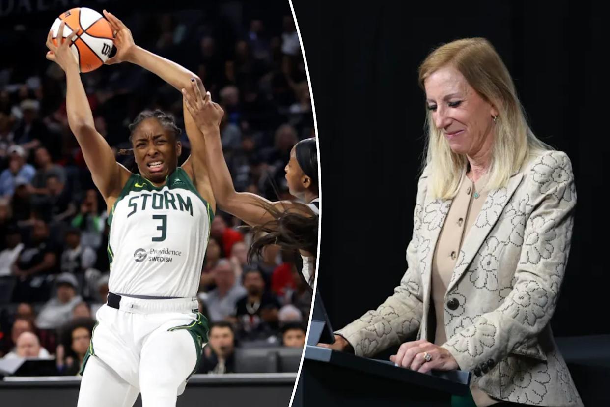 An image collage containing 2 images, Image 1 shows Nneka Ogwumike #3 of the Seattle Storm grabs a rebound against Jackie Young #0 of the Las Vegas Aces in the second quarter of Game Three of the 2025 WNBA Playoffs first round at Michelob ULTRA Arena on September 18, 2025 in Las Vegas, Nevada, Image 2 shows WNBA Commissioner Cathy Engelbert presents 2025 WNBA Coach of the Year award during round 1 game 2 on September 17, 2025 at SAP Center in San Jose, California