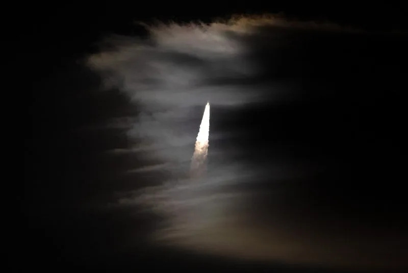United Launch Alliance Vulcan rocket streaks through the clouds after lift off from Launch Complex 41 at Cape Canaveral Space Force Station in Florida on Thursday. The Vulcan rocket delivered a national security payload for the USSF-87 mission. Photo by Pat Benic/UPI