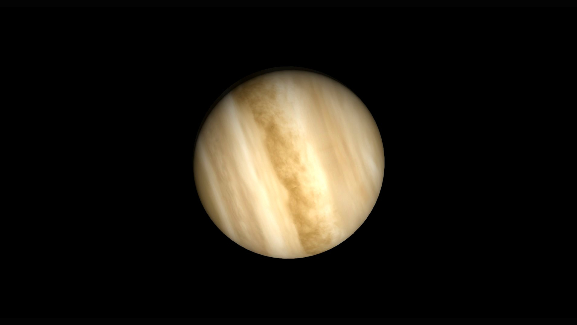 The planet Venus, with its various camel and caramel colored stripes appears against a black background.