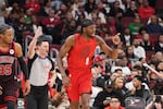 Portland Trail Blazers forward Jerami Grant (9) gestures after making a three point basket against the Chicago Bulls during the second half in an NBA basketball game Thursday, Feb. 26, 2026, in Chicago.