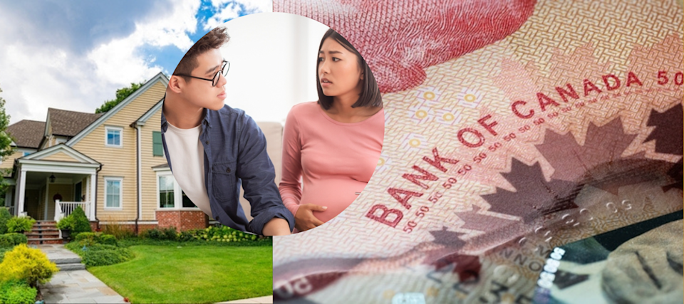 A worried couple talk about finances (foreground) | Image of a home and Canadian money