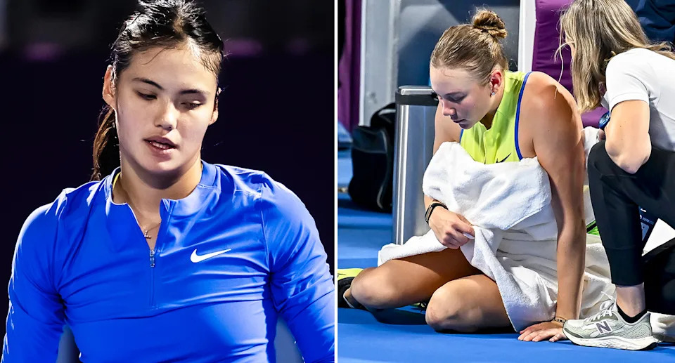 Women's tennis stars Emma Raducanu (L) and Amanda Anisimova (R) retired within minutes of one another from their opening round matches at the Qatar Open. Pic: Getty