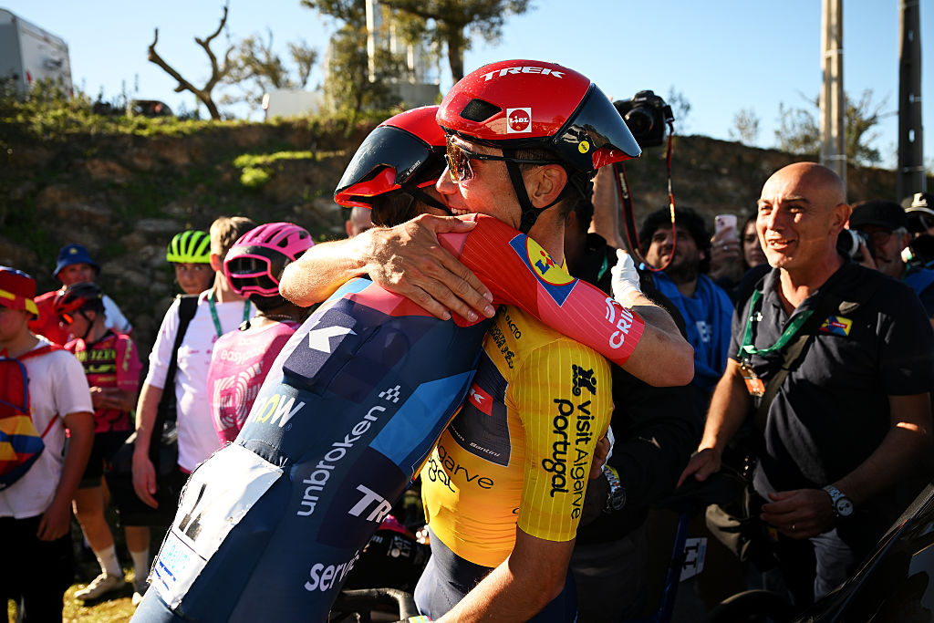 LOULE, PORTUGAL - FEBRUARY 22: The final overall winner Juan Ayuso of Spain and Team Lidl - Trek - Yellow leader jersey reacts after the 52nd Volta ao Algarve em Bicicleta 2026, Stage 5 a 148.4km stage from Faro to Malhao - Loule 512m on February 22, 2026 in Loule, Portugal. (Photo by Dario Belingheri/Getty Images)