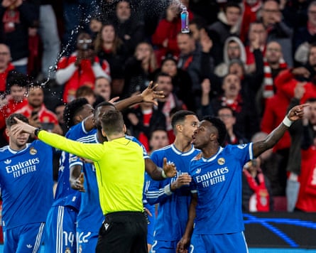 SL Benfica v Real Madrid C.F. - UEFA Champions League 2025/26 League Knockout Play-off First LegLISBON, PORTUGAL - FEBRUARY 17:  Vinícius Júnior of Real Madrid C.F. reacts to racist abuse from fans during the UEFA Champions League 2025/26 League Knockout Play-off First Leg match between SL Benfica and Real Madrid C.F. at Estadio do SL Benfica on February 17, 2026 in Lisbon, Portugal. (Photo by Joao Bravo/Sports Press Photo/Getty Images)