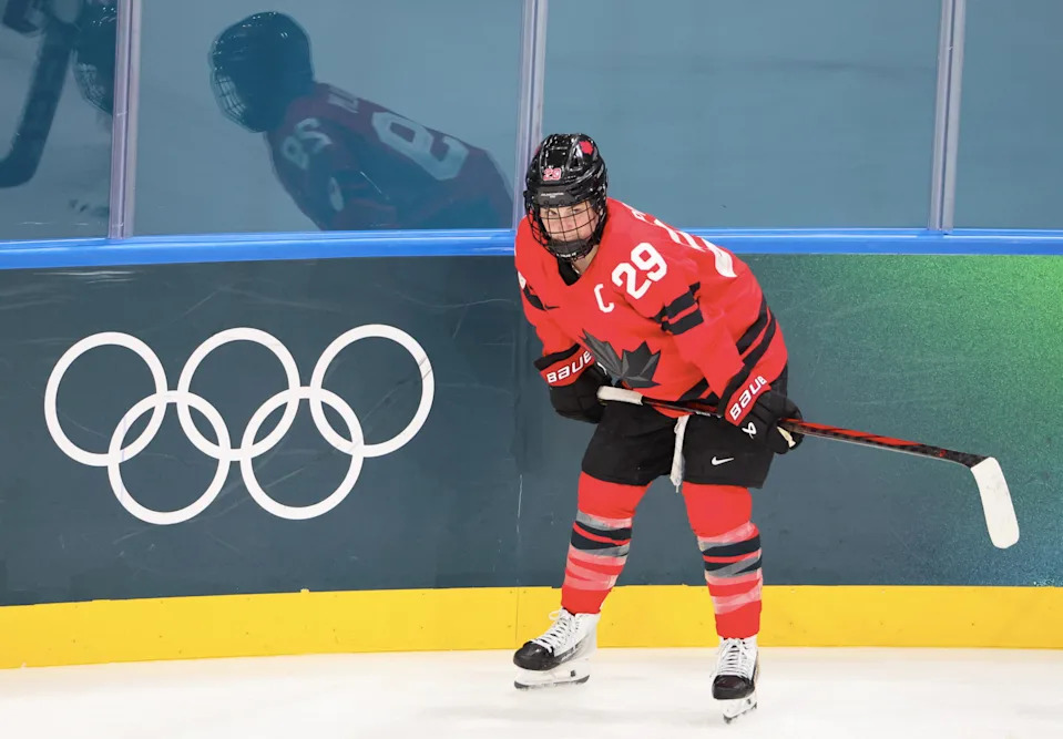 MILAN, ITALY - FEBRUARY 09: Captain, Marie-Philip Poulin #29 of Team Canada in action during the Women's Ice Hockey - Group A match between Team Canada and Team Czech Republic on day three of the Milano Cortina 2026 Winter Olympic games at Milano Rho Ice Hockey Arena on February 09, 2026 in Milan, Italy. (Photo by Xavier Laine/Getty Images)