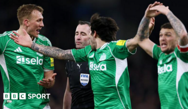 A graphic of Premier League players from every team in the division in 2025-26 season, with the Premier League trophy in front of them.