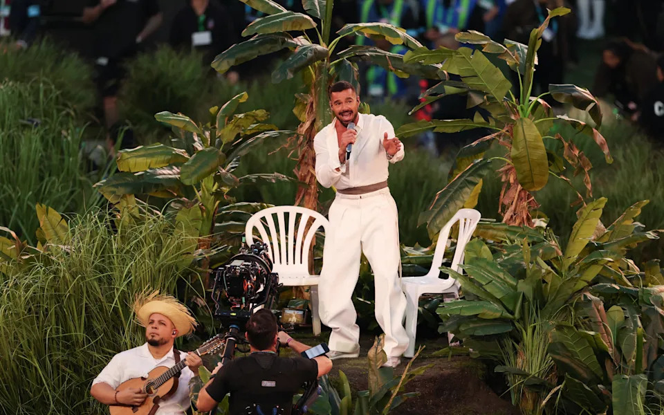 Puerto Rican singer Ricky Martin performs during Super Bowl LX Patriots vs Seahawks Apple Music Halftime Show at Levi's Stadium in Santa Clara, California on February 8, 2026.