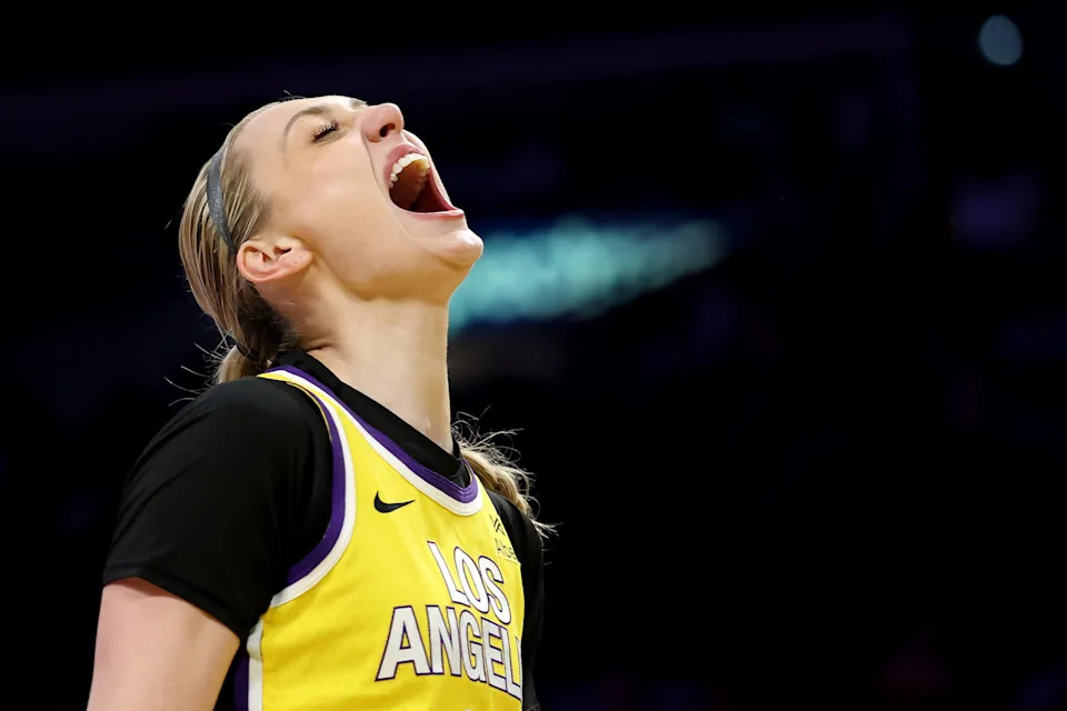 Cameron Brink of the Los Angeles Sparks reacts against the Las Vegas Aces.