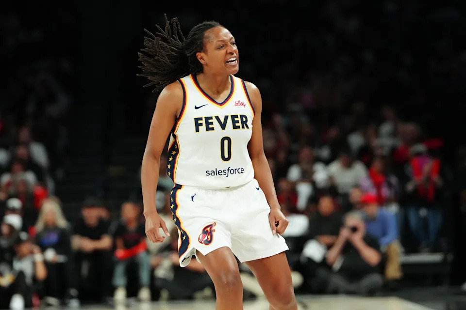 Sep 30, 2025; Las Vegas, Nevada, USA; Indiana Fever guard Kelsey Mitchell (0) celebrates after making a play against the Las Vegas Aces during the second quarter of game five of the second round of the 2025 WNBA Playoffs at Michelob Ultra Arena. Mandatory Credit: Stephen R. Sylvanie-Imagn Images