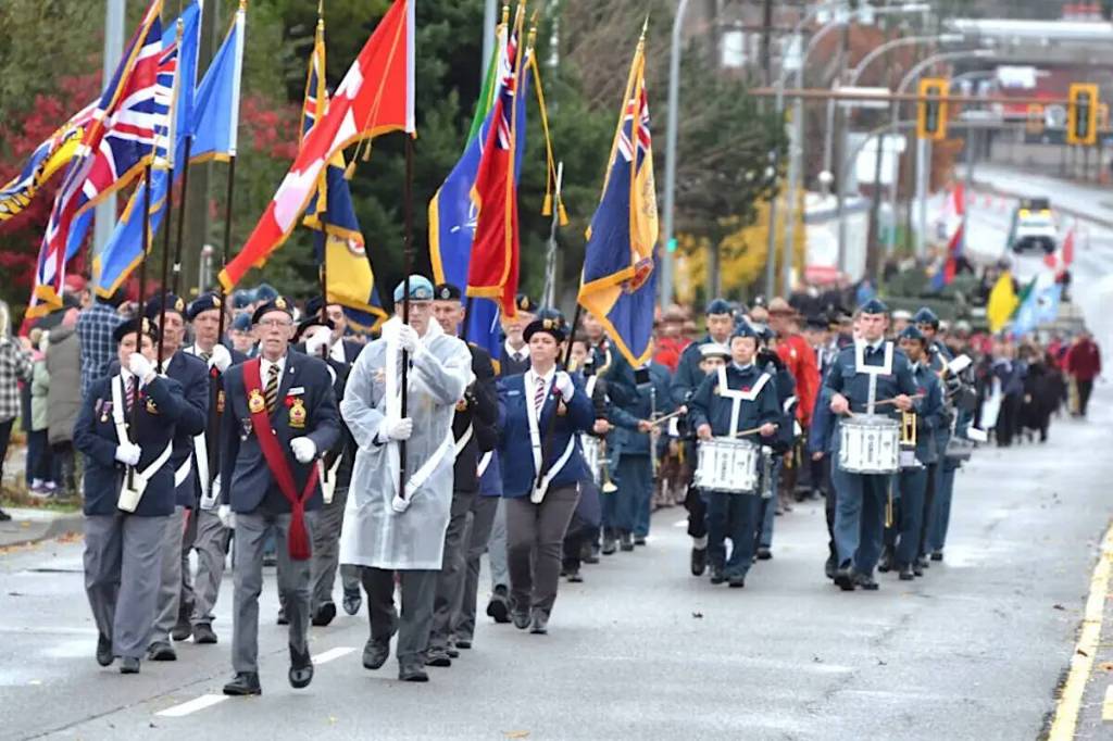 Members of the Royal Canadian Legion branch in Aldergrove are seen marching during Remembrance Day. The national association that speaks for all Legion branches has taken issue with comments by U.S. president Trump about Canada and other NATO allies. (Langley Advance Times file)