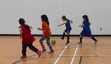 U8 soccer participants at the 2026 Paul Stipdonk Memorial Tournament in Fort Simpson during the last weekend in January included Aurelia Whelly, Ella Squirrel, Brayden Stipdonk and Raya Brown. Photo courtesy of Jackie Thompson Whelly