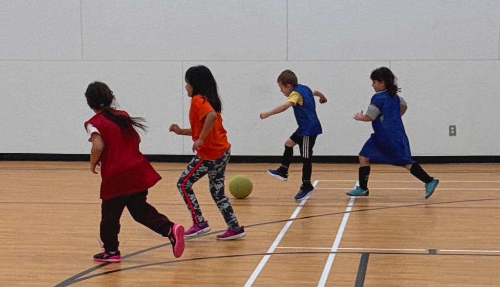 U8 soccer participants at the 2026 Paul Stipdonk Memorial Tournament in Fort Simpson during the last weekend in January included Aurelia Whelly, Ella Squirrel, Brayden Stipdonk and Raya Brown. Photo courtesy of Jackie Thompson Whelly