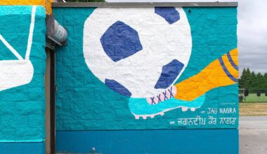 Section of a new &ldquo;Community in Bloom&rdquo; mural by visual artist Jag Nagra on the washroom/community room building at Newton Athletic Park in Surrey. (File photo)