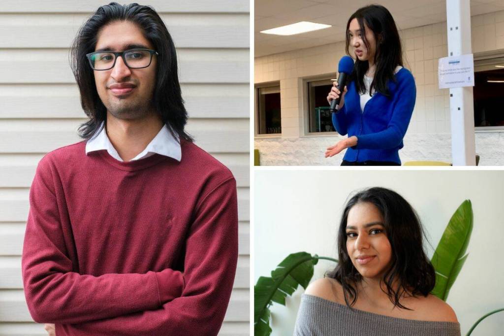 Armaan Thandhi, left, Isabella Wen, (top right) and Shreya Rao (bottom right) are three students from Surrey selected to be a part of the Starfish Canada Climate75 national fellowship program. (Starfish Canada/Contributed to Peace Arch News)