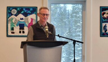 Yukon MP Brendan Hanley speaks at the opening of the biathlon facility at Biathlon Yukon&rsquo;s Grey Mountain Road site in Whitehorse on Feb. 16. (Jake Howarth/Yukon News)