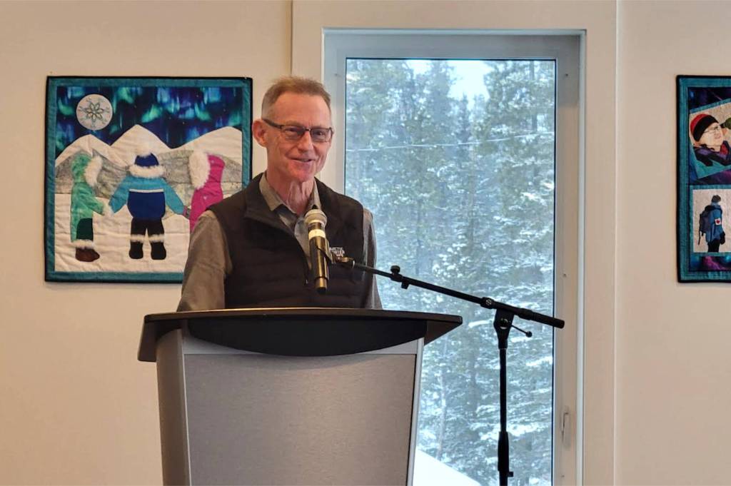 Yukon MP Brendan Hanley speaks at the opening of the biathlon facility at Biathlon Yukon&rsquo;s Grey Mountain Road site in Whitehorse on Feb. 16. (Jake Howarth/Yukon News)