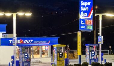 Gas is listed at $108.9 per litre at Super Save Gas in Lake Country on Wednesday, Feb. 18. (Jordy Cunningham/Black Press Media)