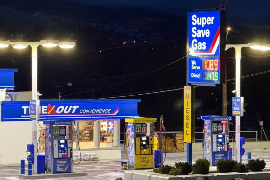 Gas is listed at $108.9 per litre at Super Save Gas in Lake Country on Wednesday, Feb. 18. (Jordy Cunningham/Black Press Media)