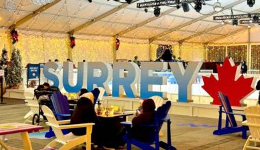Inside the temporary skating rink at Surrey Civic Plaza on the evening of Dec. 15, 2025. (Tom Zillich/Surrey Now-Leader photo)