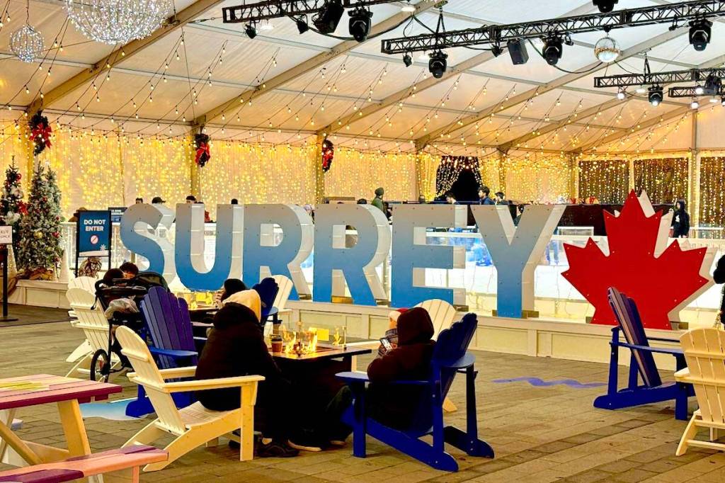 Inside the temporary skating rink at Surrey Civic Plaza on the evening of Dec. 15, 2025. (Tom Zillich/Surrey Now-Leader photo)