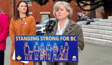 Health Minister Josie Osborne on Feb. 19, 2025, announcing the province&rsquo;s plans to spend $18 million on nasal naloxone kits. Victoria-Beacon Hill MLA Grace Lore stands behind her. (Mark Page/Black Press Media)