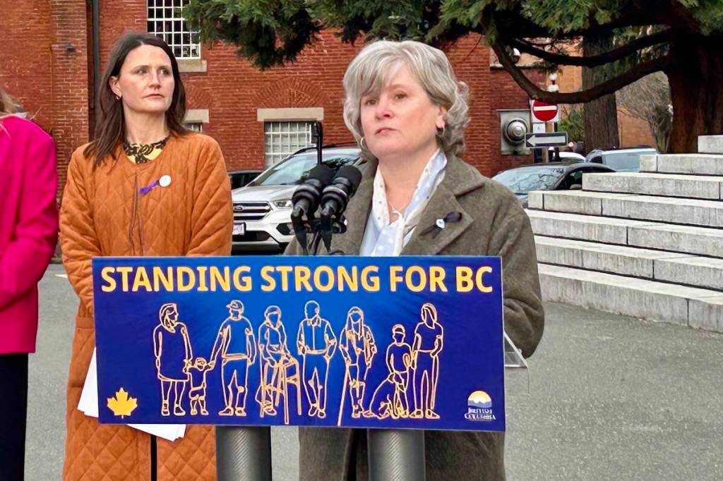 Health Minister Josie Osborne on Feb. 19, 2025, announcing the province&rsquo;s plans to spend $18 million on nasal naloxone kits. Victoria-Beacon Hill MLA Grace Lore stands behind her. (Mark Page/Black Press Media)