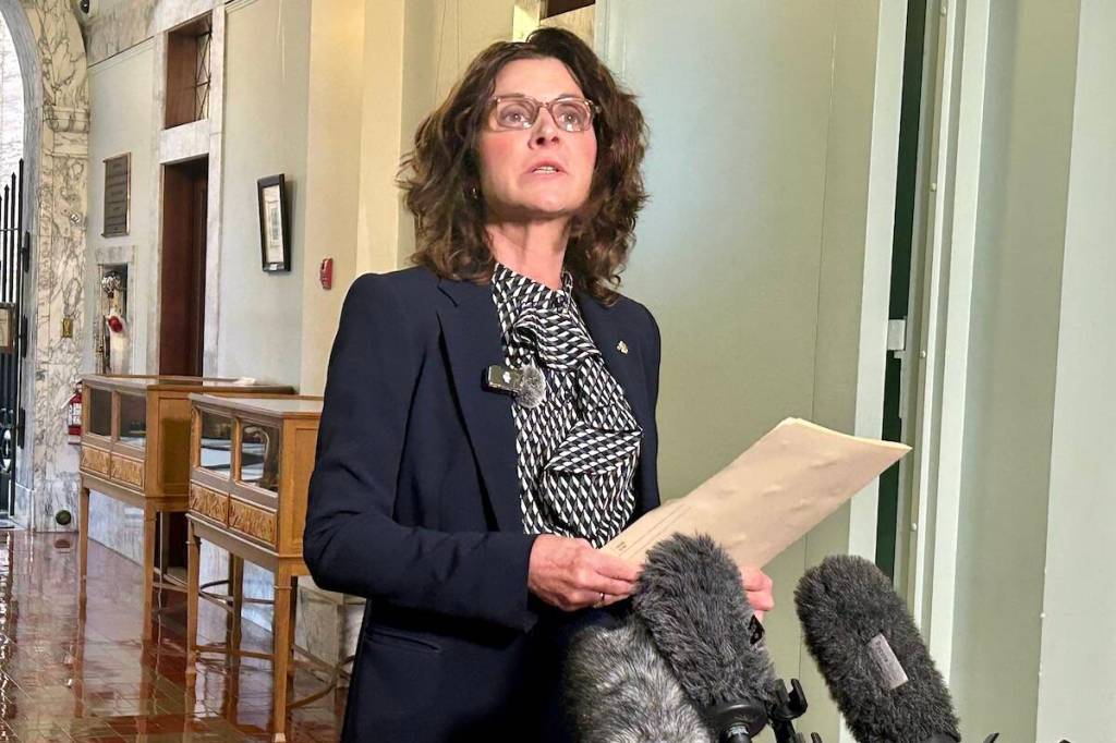 One B.C. MLA Dallas Brodie in October, 2025 defending her bill to ban public officials from giving land acknowledgements. (Mark Page/Black Press Media)